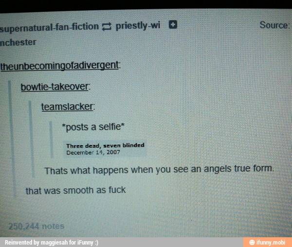 theunbecomingofadivergent:
bowtie-takeover:
*posts a selfie*
December 14, 2007
Thats what happens when you see an angels true form.
that was smooth as fuck