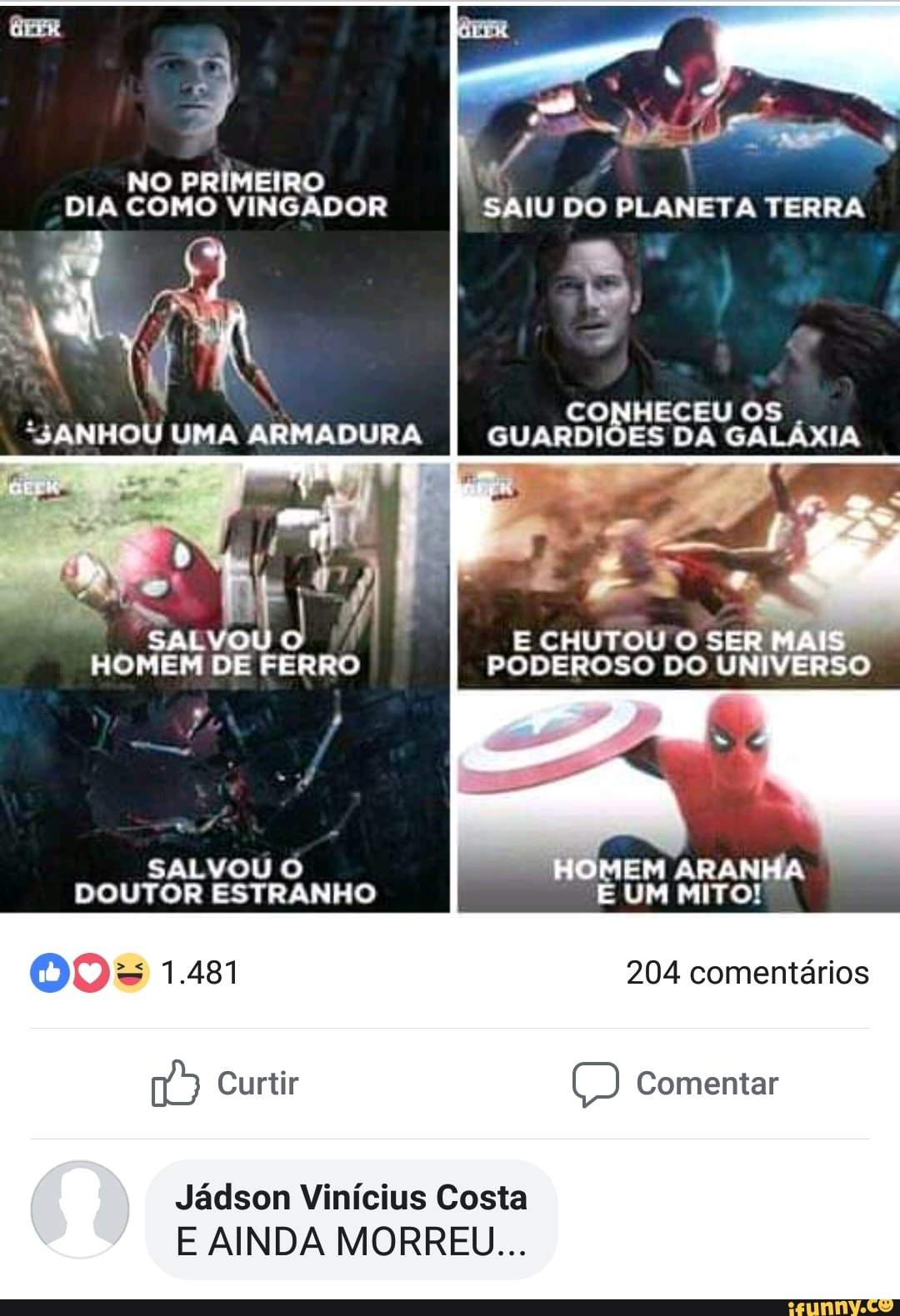 a
Jádson
NO PRÍMEIRO
DIA COMO VINGADOR SAIU DO PLANETA TERRA
o
Costa
E AINDA MORREU...
Vinícius