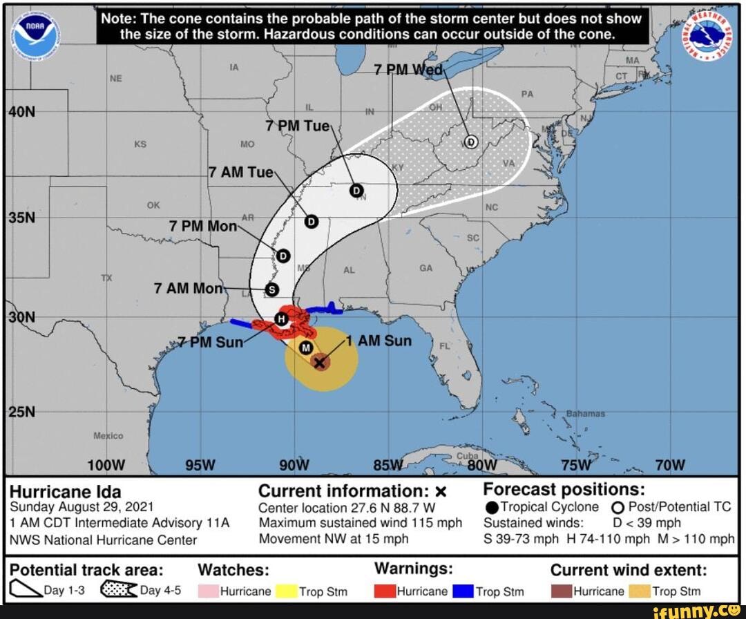 Close up of inset image, showing cone of uncertainty, intensity, and