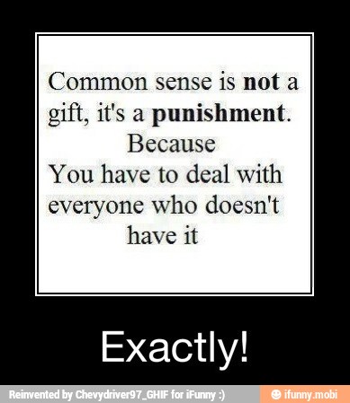 Common sense
is not a
gift, it's a punishment.
Because
You have to deal with
everyone who doesn't
have it
Exactly!