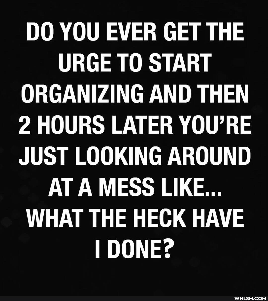 DO YOU EVER GET THE URGE TO START ORGANIZING AND THEN
2 HOURS LATER YOU'RE JUST LOOKING AROUND AT A MESS LIKE...
WHAT THE HECK HAVE I DONE?
