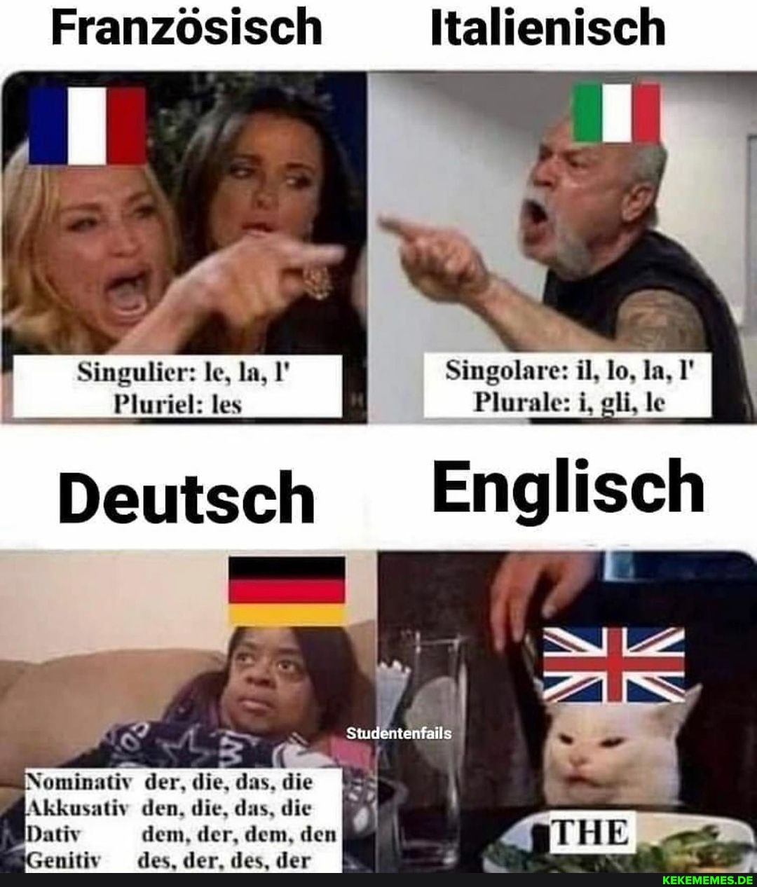 Französisch Italienisch
Singulier: le, la, Singolare: il, lo, la,
Pluriel: les Plurale: i, gli, le
Deutsch Englisch
Nominativ der, die, das, die
Akkusativ den, die, das, die
Dativ dem. der, dem. den