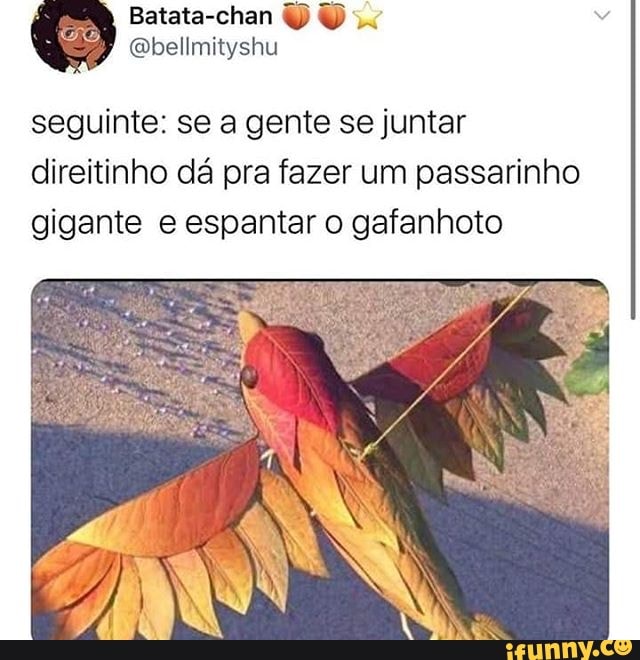 seguinte: se a gente se juntar
direitinho dá pra fazer um passarinho
gigante e espantar o gafanhoto