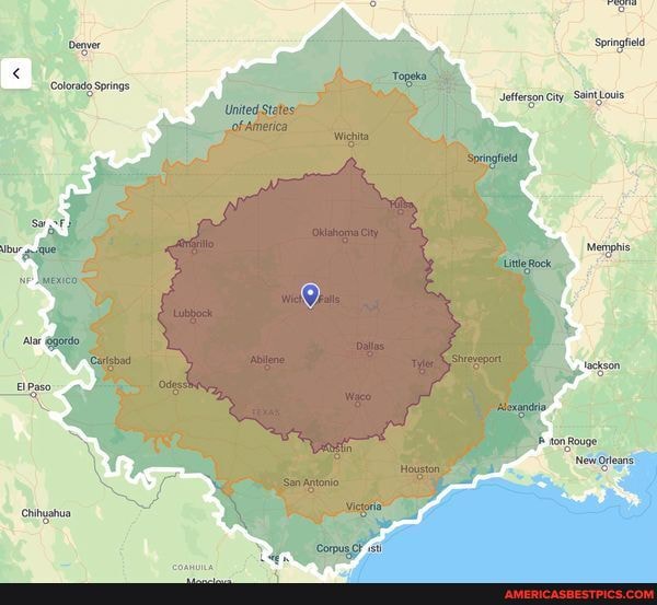 This map shows driving distances from Wichita Falls. The green far