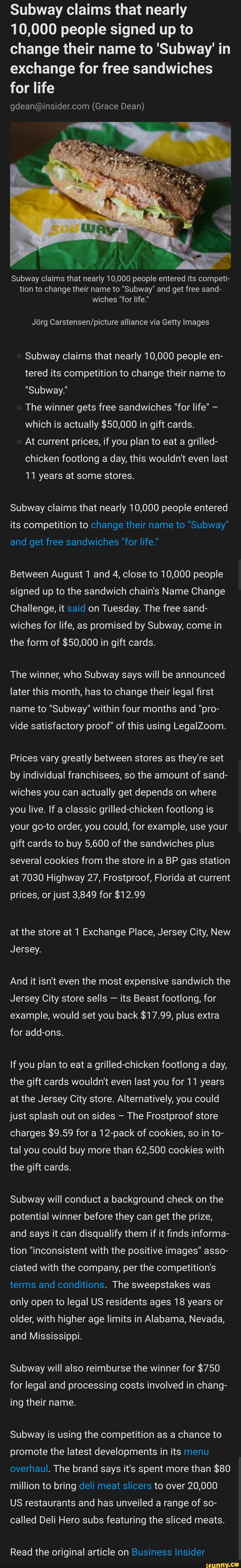 Almost 10,000 People Willing To Change Their Legal Name To 'Subway' For  Free Sandwiches, Company Says