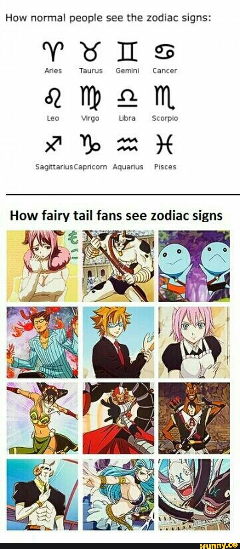 How Normal People See The Zodiac Signs Aries Taurus Gemm Cancer Leo Virgo Libra Scorpco How Fairy Tail Fans See Zodiac Signs