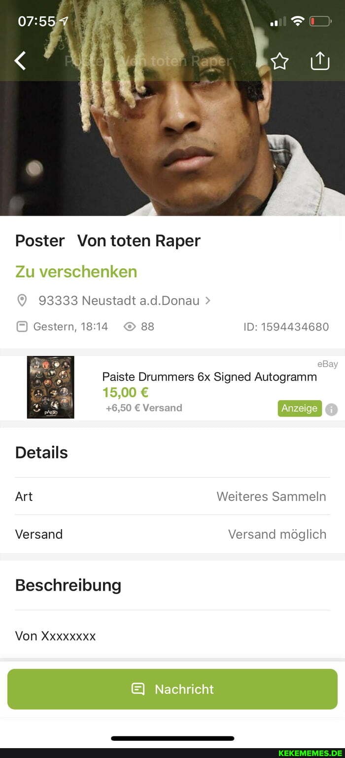 Poster Von toten Raper
Zu verschenken
93333 Neustadt a.d.Donau >
Gestern, 88 ID: 1594434680 eBay
Paiste Drummers &x Signed Autogramm
15,00
+6,50 Versand
Details
Art Weiteres Sammeln
Versand Versand möglich
Beschreibung
Von XxXxXXxxX
Nachricht