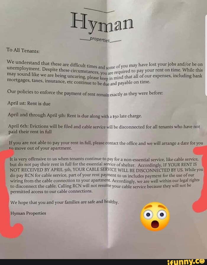 Hyman Properties To All Tenants We understand that these are difficult