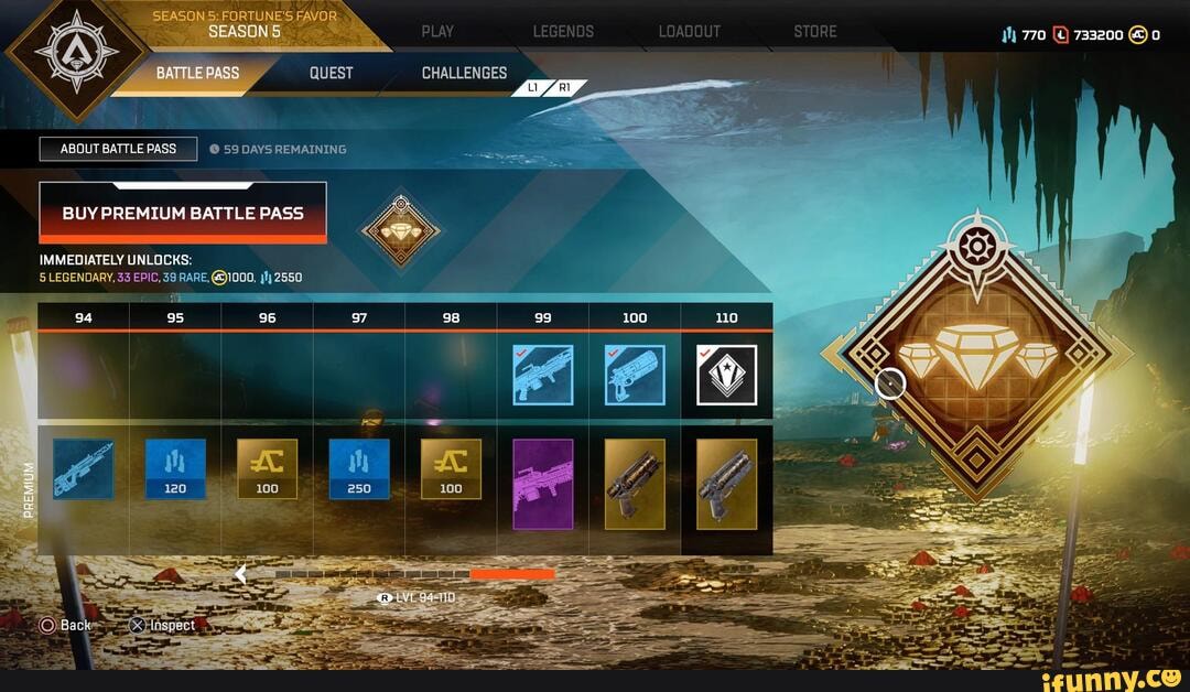 CHALLENGES
ABOUT BATTLE PASS @ 59 DAYS REMAINING
BUY PREMIUM BATTLE PASS
IMMEDIATELY UNLOCKS:
5 LEGENDARY, 33 EPIC, 39 RARE, @1000, jf 2550
= E=
96