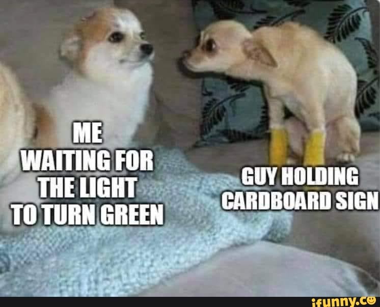 WAITING FOR THE LIGHT GUY HOLOING
TO TURN GREEN CAROBOARD SIGH