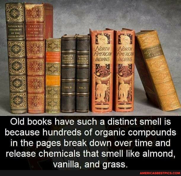 Old books have such a distinct smell is because hundreds of organic compounds in the pages break down over time and
release chemicals that smell like almond, vanilla, and grass.
