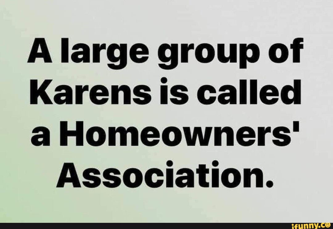 A large group of Karens is called a Homeowners' Association. iFunny