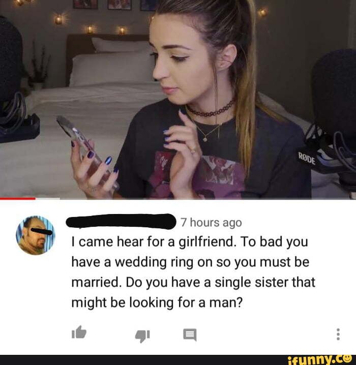 JE 7 nous ago
I came hear for a girlfriend. To bad you
have a wedding ring on so you must be
married. Do you have a single sister that
might be looking for a man?
165