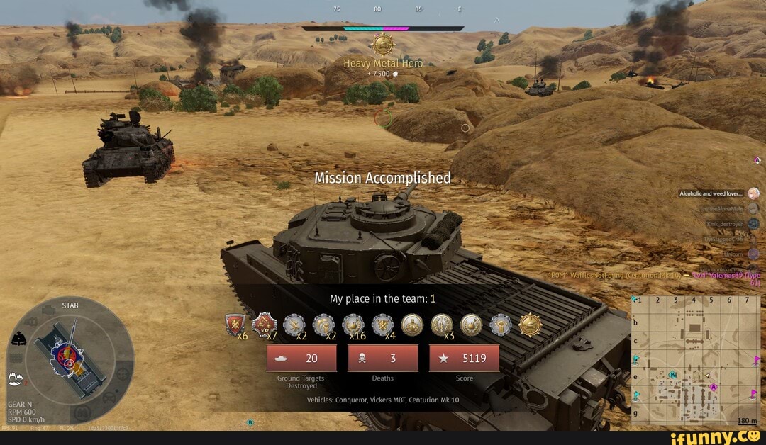 sagsøger triathlon Tectonic Heavy = Mission Accomplished Ss My place in the team: 1 [ 20 II I Ground  Targets 5119 Score Vehicles: Conqueror, Vickers MBT, Centurion Mk 10 - )
