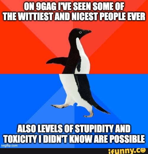 ON SGAG I'VE SEEN SOME OF THE WITTIEST AND NICEST PEOPLE EVER
ALSO LEVELS OF STUPIDITY AND TOXICITY DIDN'T KNOW ARE POSSIBLE