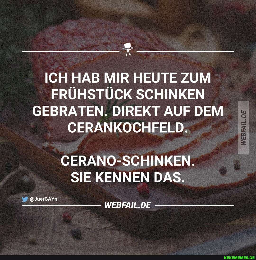 ICH HAB MIR HEUTE ZUM :
FRÜHSTÜCK SCHINKEN GEBRATEN. DIREKT AUF DEM CERANKOCHFELD.
SCHINKEN.
SIE KENNEN DAS.
@JuerGAYn
WEBFAIL.DE