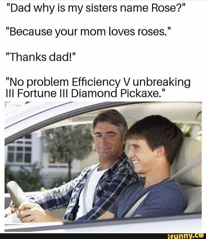 "Dad why is my sisters name Rose?"
"Because your mom loves roses."
"Thanks dad!"
"No problem Efficiency V unbreaking
Ill Fortune Ill Diamond Pickaxe."
