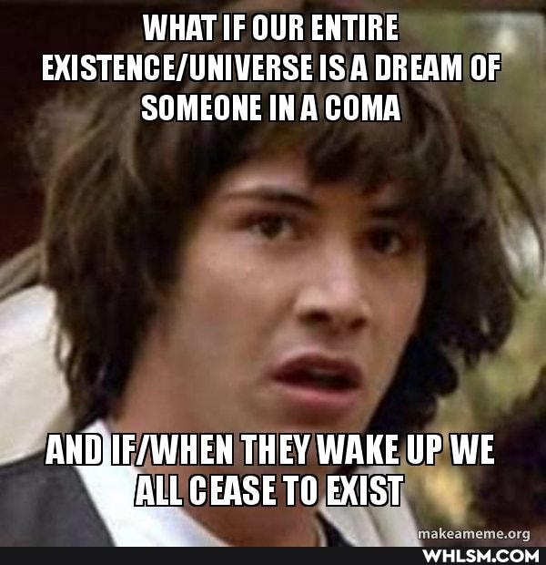 WHAT IF OUR ENTIRE IS A DREAM OF SOMEONE INA COMA
THEY WAKE UP WE ALL CEASE TO EXIST