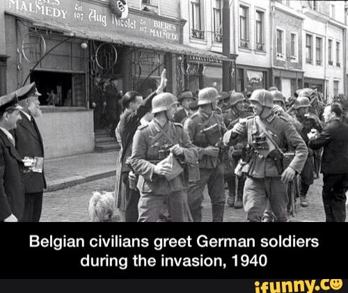 Belgian civilians greet German soldiers
during the invasion, 1940 - Belgian civilians greet German soldiers during the invasion, 1940