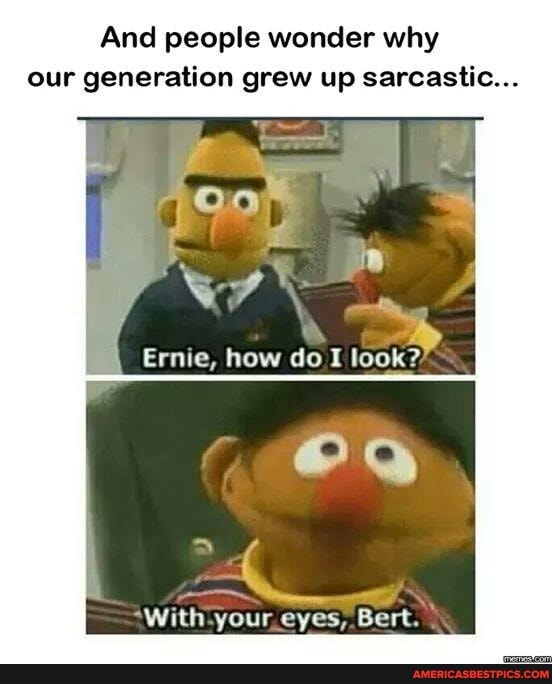 And people wonder why our generation grew up sarcastic...
Ernie, how do I look?
With your eyes, Bert.