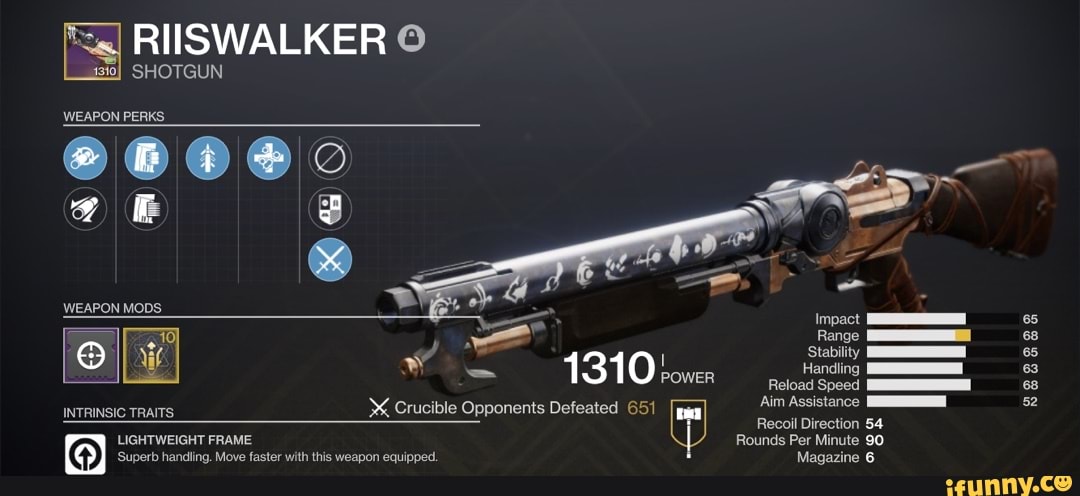Riiswalker Shotgun Weapon Perks Weapon Mods Stabi 1 68 63 W 131 Oo Power Reload