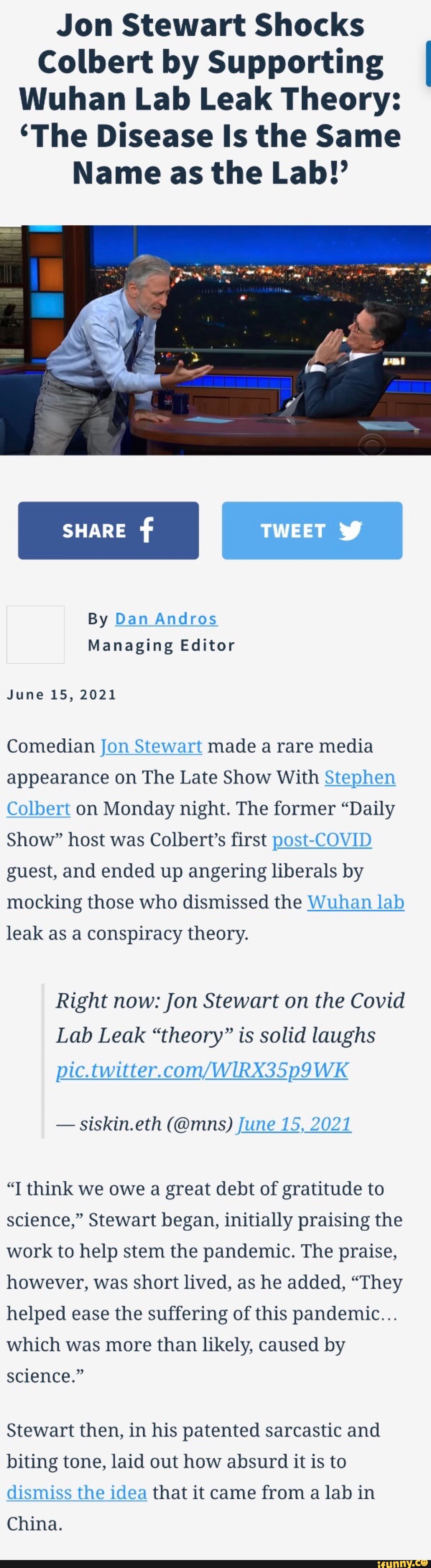 Jon Stewart Shocks Colbert By Supporting Wuhan Lab Leak Theory The 