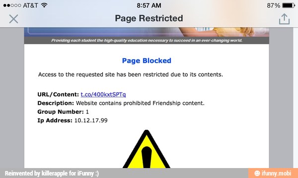 Page Blocked
'Access to the requested site has been restricted due to its contents.
AAA
Description: Website contains prohibited Friendship content.
Group Number: 1
Ip Address: 10.12.17.99