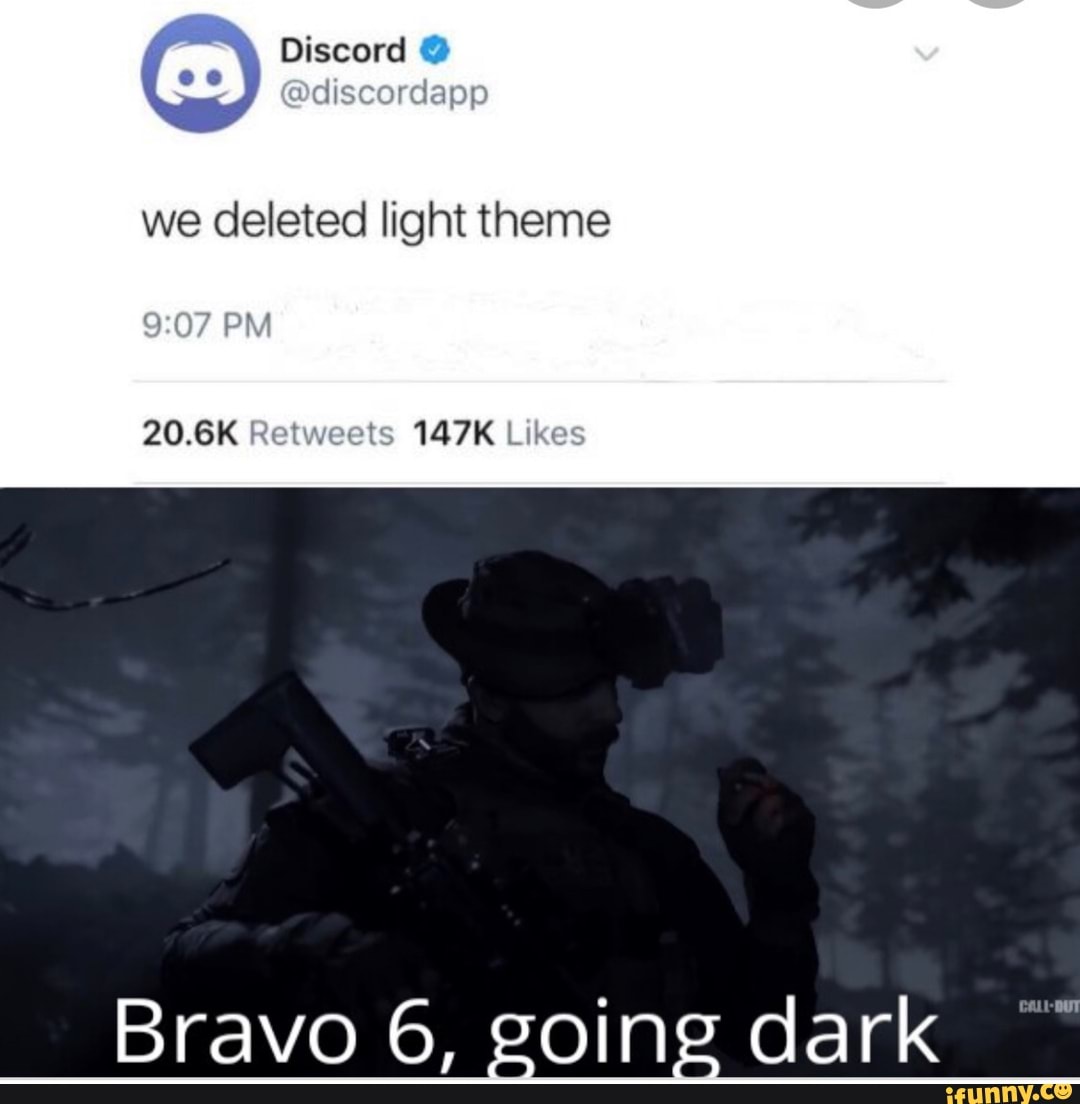 we deleted light theme
9:07 PM
20.6K Retweets 147K Likes
Bravo 6, going dark