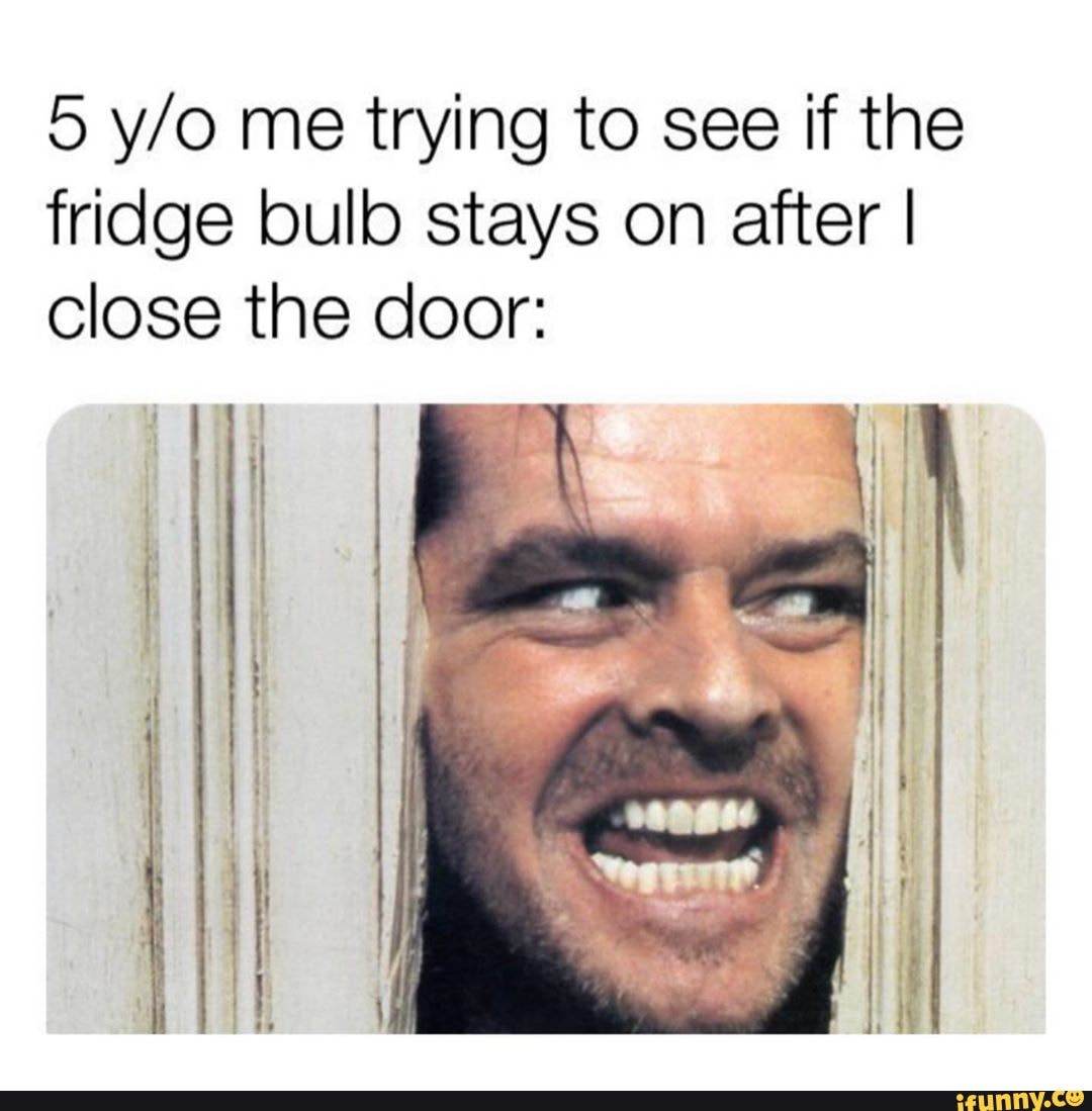 5 me trying to see if the fridge bulb stays on after I close the door: