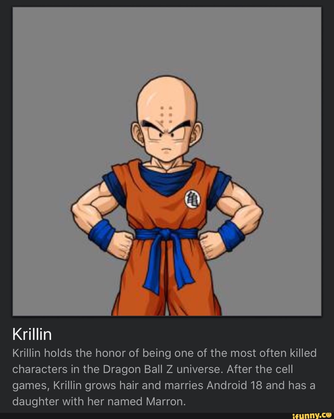 Krillin Krillin holds the honor of being one of the most often killed  characters in the