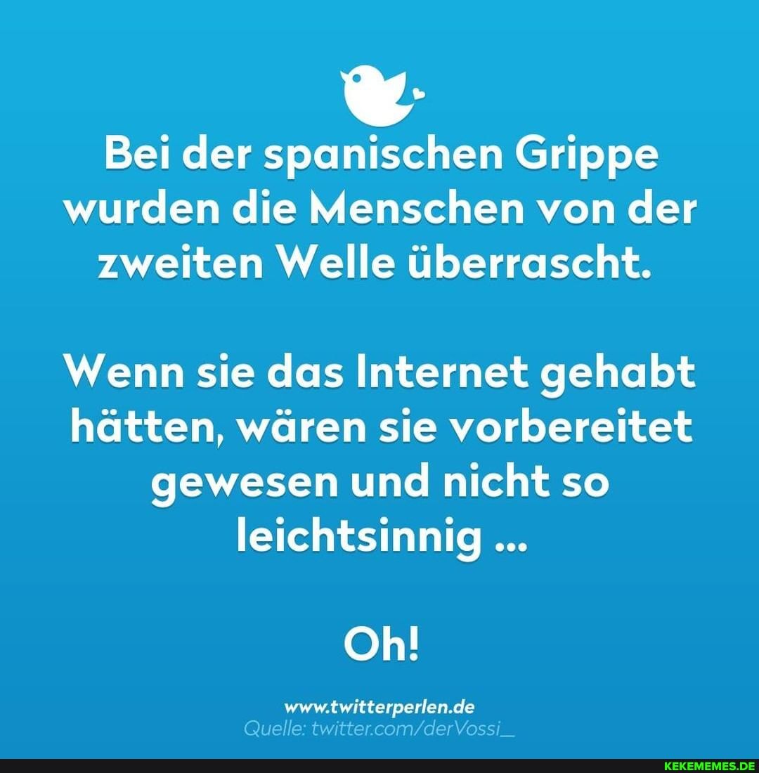 Bei der spanischen Grippe wurden die Menschen von der zweiten Welle überrascht.
Wenn sie das Internet gehabt hätten, wären sie vorbereitet gewesen und nicht so leichtsinnig
Oh!
www.twitterperlen.de
Quelle: