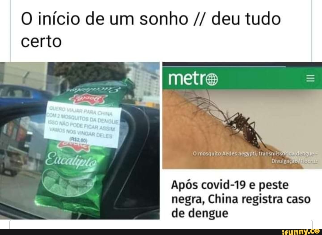 O início de um sonho deu tudo
certo
O mosquito Aedes aegypti tran
Após covid-19 e peste
negra, China registra caso
de dengue