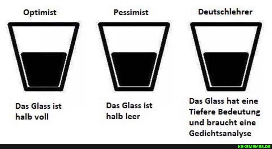 Optimist Pessimist Deutschlehrer
Das Glass hat eine
Tiefere Bedeutung und braucht eine
Gedichtsanalyse
Das @lass ist Das @lass ist halb voll halb leer