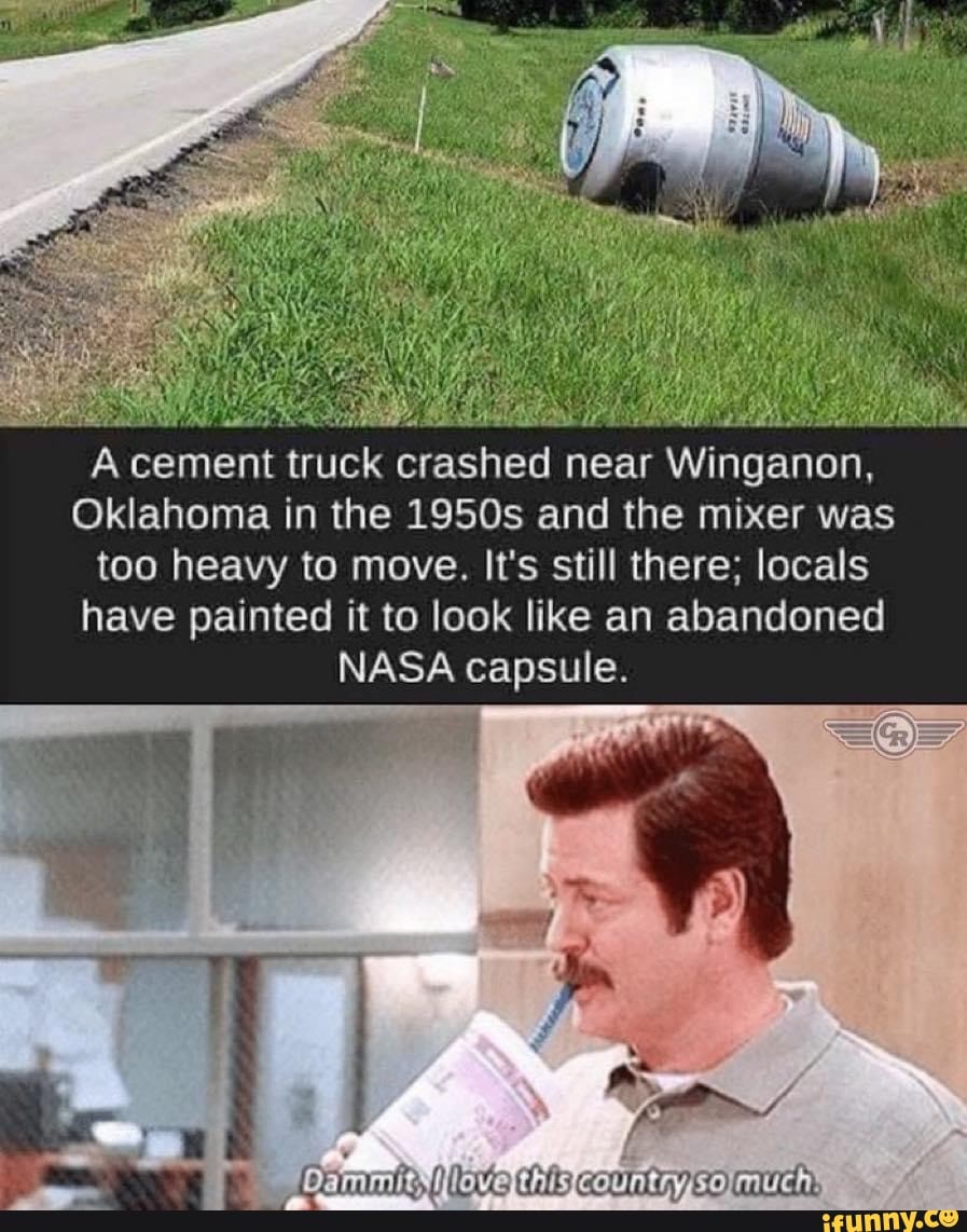 A cement truck crashed near Winganon, Oklahoma in the 1950s and the