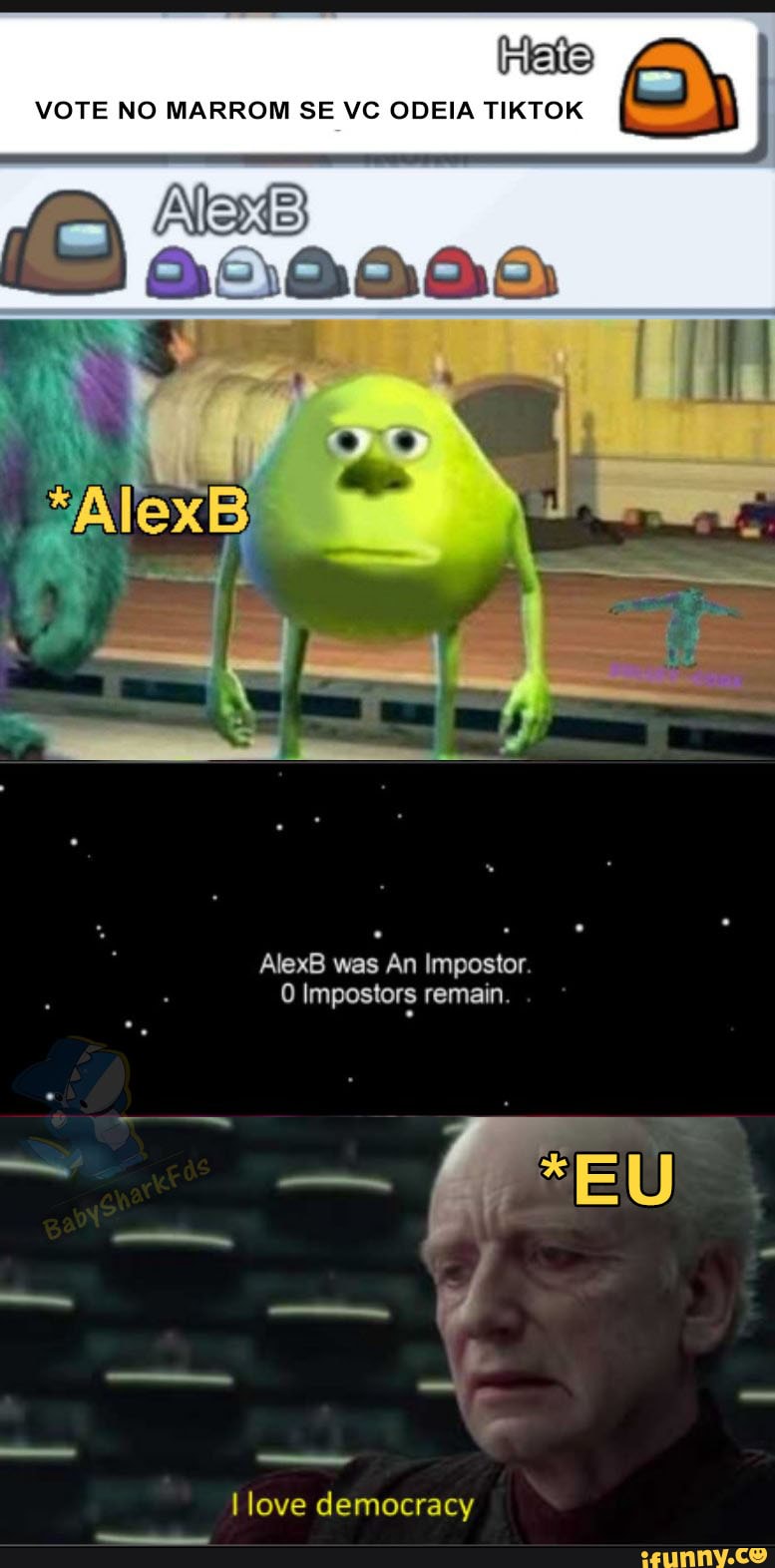 ate)
VOTE NO MARROM SE VC ODEIA TIKTOK
AlexB was An Impostor
0 Impostors remain.
I love democracy
