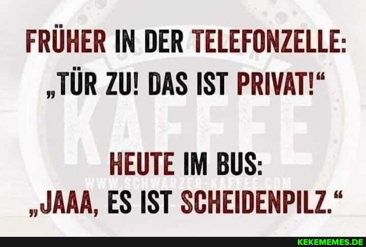 FRÜHER IN DER TELEFONZELLE:
"TÜR ZU! DAS IST PRIVAT!"
HEUTE IM BUS:
"JAAA, ES IST SCHEIDENPILZ."