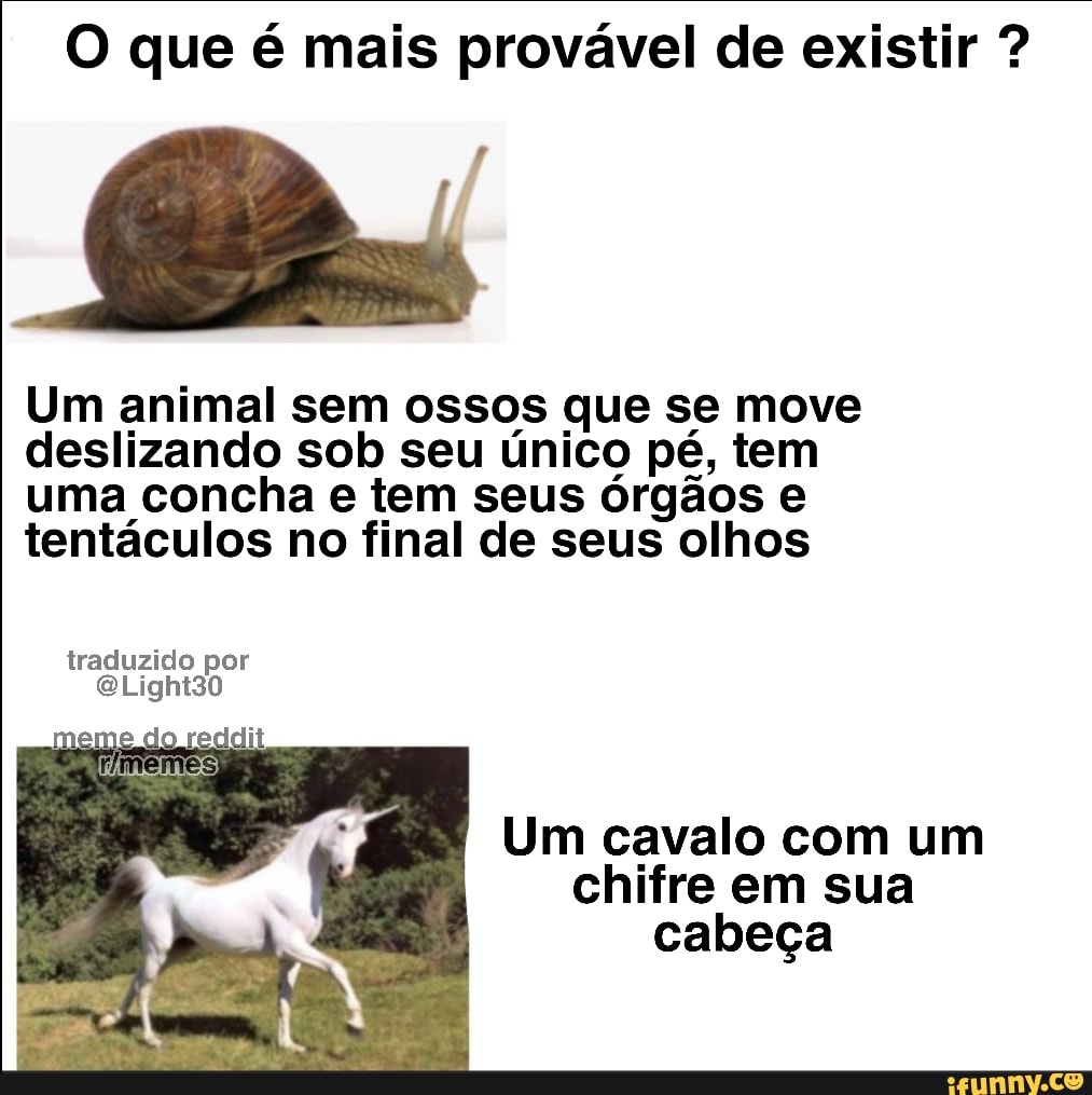 O que é mais provável de existir Um animal sem ossos que se move
deslizando sob seu único pé, tem
uma concha e tem seus órgãos e
tentáculos no final de seus olhos
traduzido por
Um cavalo com um
chifre em sua
cabeça