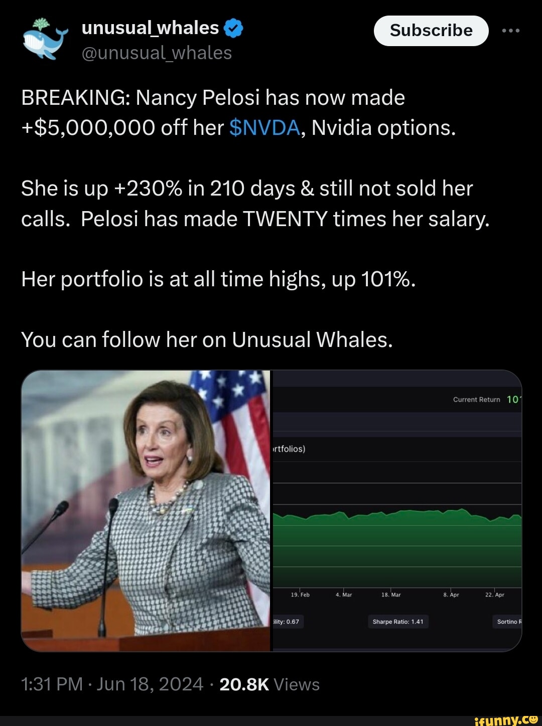 Unusual whales @ @unusual whales BREAKING: Nancy Pelosi has now made  +$5,000,000 off her $NV DA,