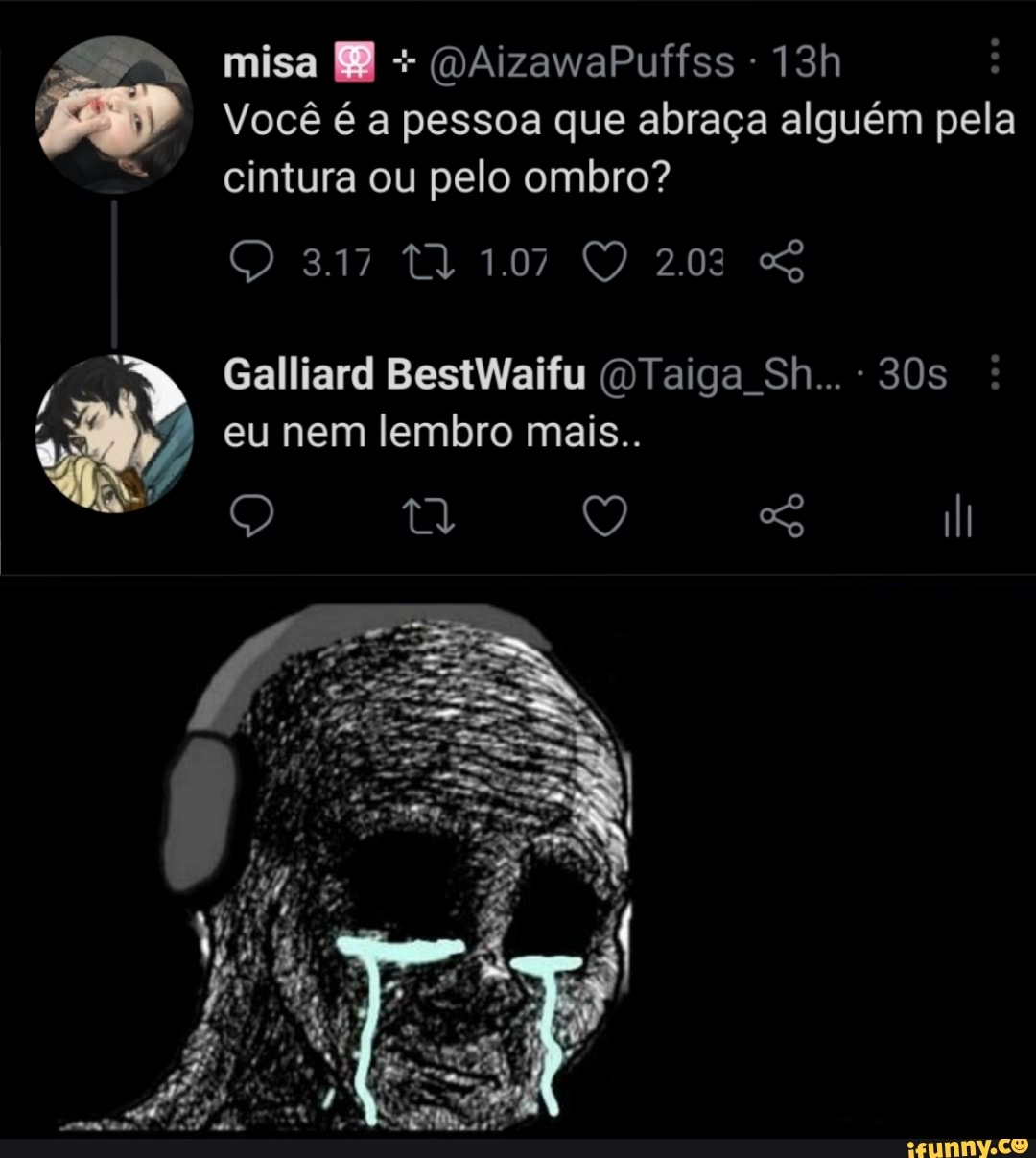 misa EB + DAizawaPuffss -
Você é a pessoa que abraça alguém pela cintura ou pelo ombro?
317 202
Galliard BestWaifu (DTaiga Sh...
eu nem lembro mais..