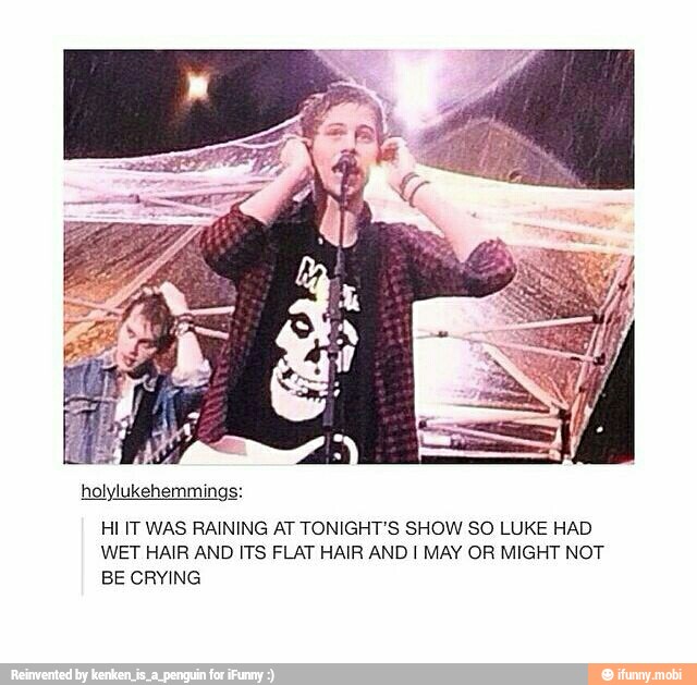 holylukehemmings:
HI IT WAS RAINING AT TONIGHT'S SHOW SO LUKE HAD
WET HAIR AND ITS FLAT HAIR AND I MAY OR MIGHT NOT
BE CRYING