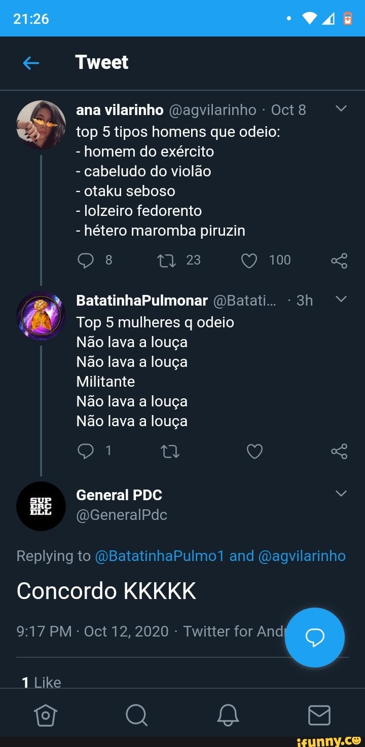 VÁ
Tweet
ana vilarinho Oagvilarinho - Oct8 top 5 tipos homens que odeio
- homem do exército
- cabeludo do violão
- otaku seboso
- lolzeiro fedorento
- hétero maromba piruzin
23 100
BatatinhaPulmonar (DBatati..
Top 5 mulheres q odeio
Não lava louça
Não lava a louça
Militante
Não lava a louça
Não lava a louça
General PDC
tl Q
Replying to OBatatinhaPulmo? and Gagyvilarinho
Concordo KKKKK
PM - Oct 12, 2020 - Twitter for And Q
Like
