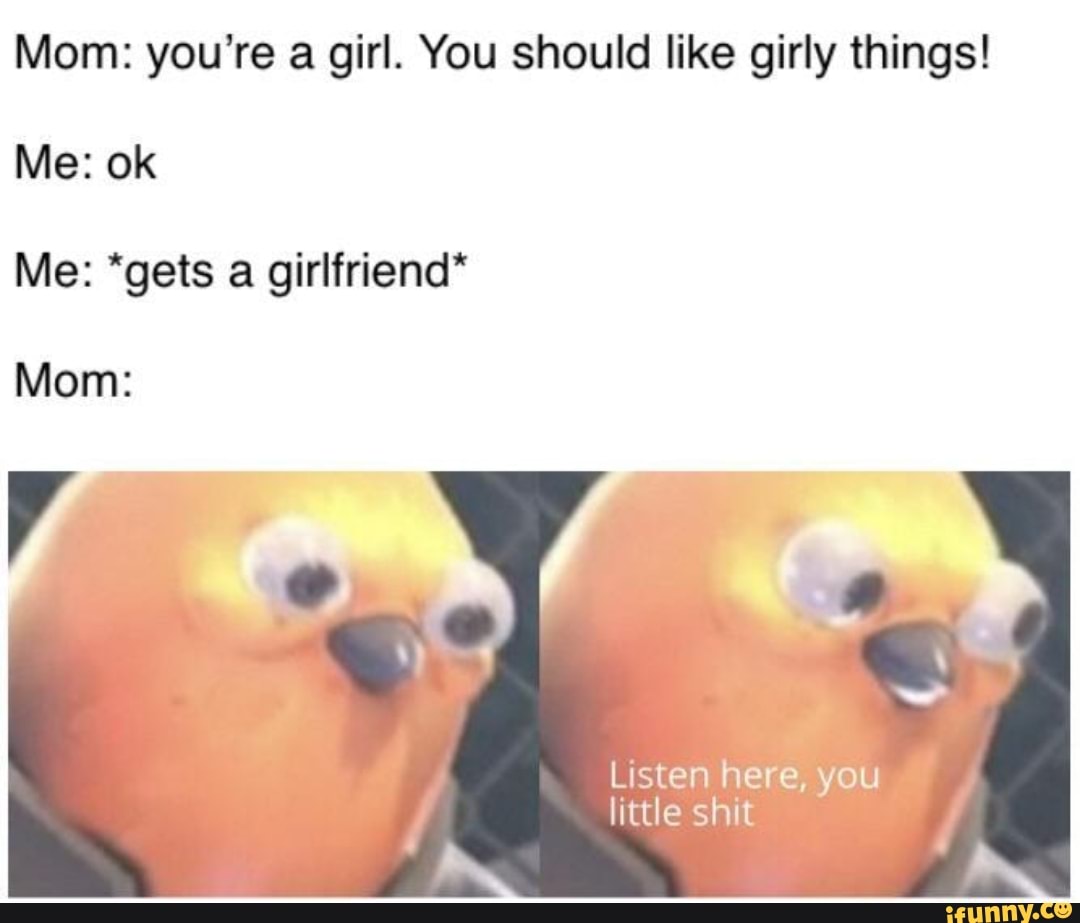 Mom: you're a girl. You should like girly things!
Me: ok
Me: *gets a girlfriend*
Mom:
Listen here, you little shit