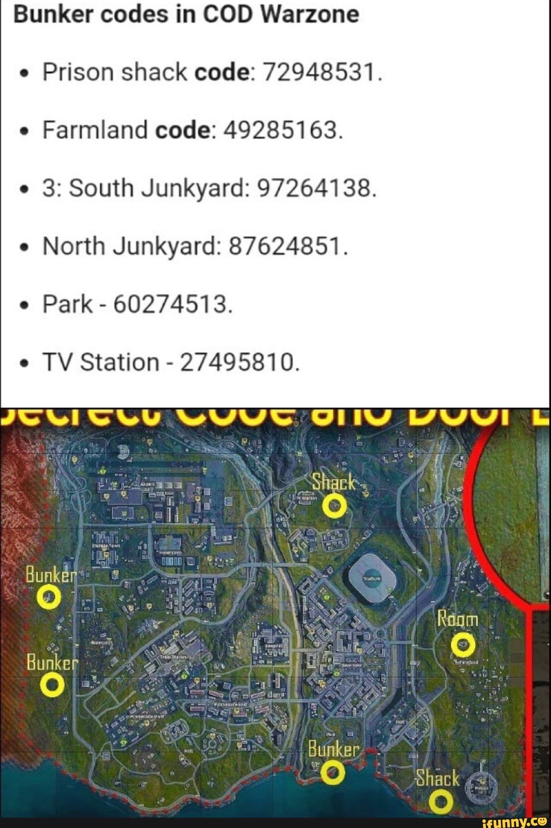 Bunker codes in COD Warzone e Prison shack code 72948531. Farmland
