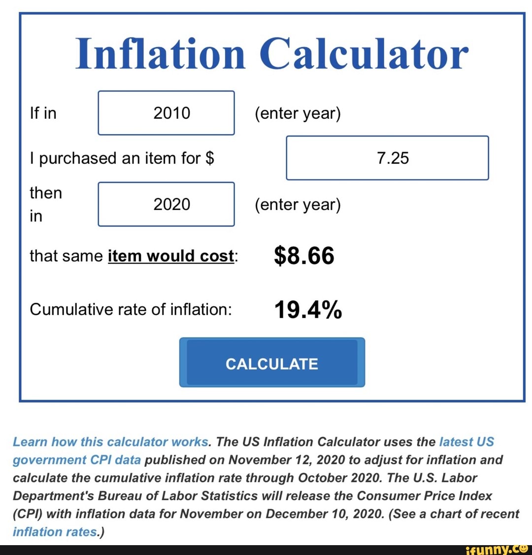 Inflation Calculator If in 2010 (enter year) I purchased an item for