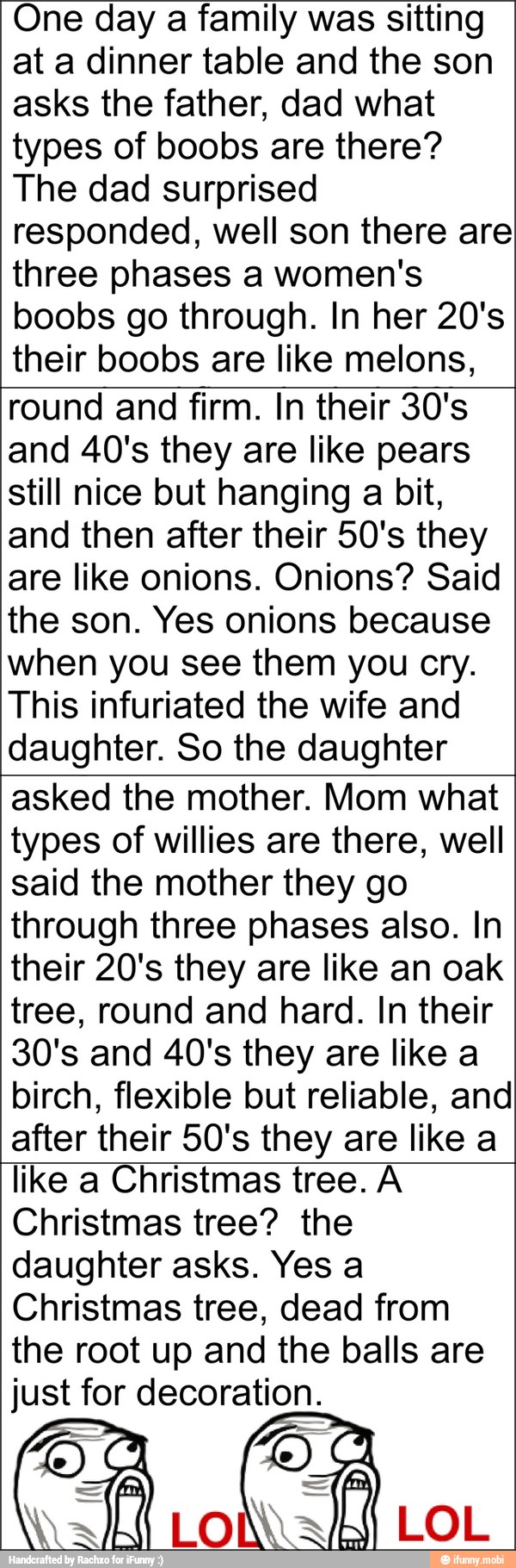 One day a family was sitting
at a dinner table and the son
asks the father, dad what
types of boobs are there?
The dad surprised
responded, well son there are
three phases a women's
boobs go through. In her 20's
their boobs are like melons,
round and firm. In their 30's
and 40's they are like pears
still nice but hanging a bit,
and then after their 50's they
are like onions. Onions? Said
the son. Yes onions because
when you see them you cry.
This infuriated the wife and
daughter. So the daughter
asked the mother. Mom what
types of willies are there, well
said the mother they go
through three phases also. In
their 20's they are like an oak
tree, round and hard. In their