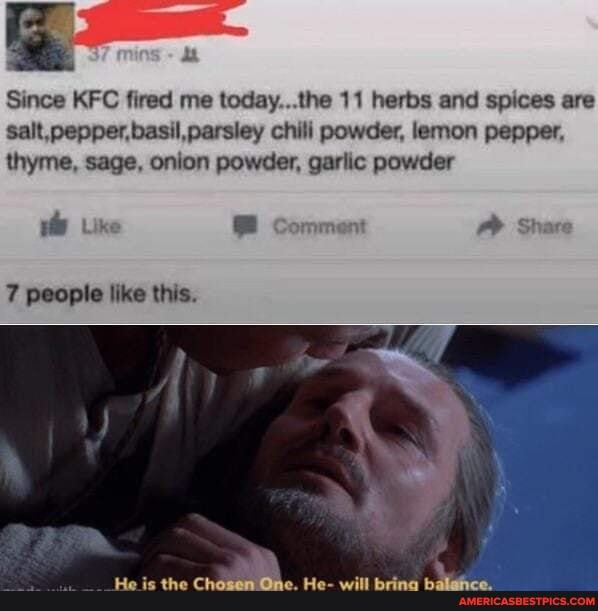 Since KFC fired me today...the 11 herbs and spices are salt. pepper.basil.parsiey chili powder, lemon pepper,
thyme, sage, onion powder, garlic powder
Like Comment Shar
7 people like this.