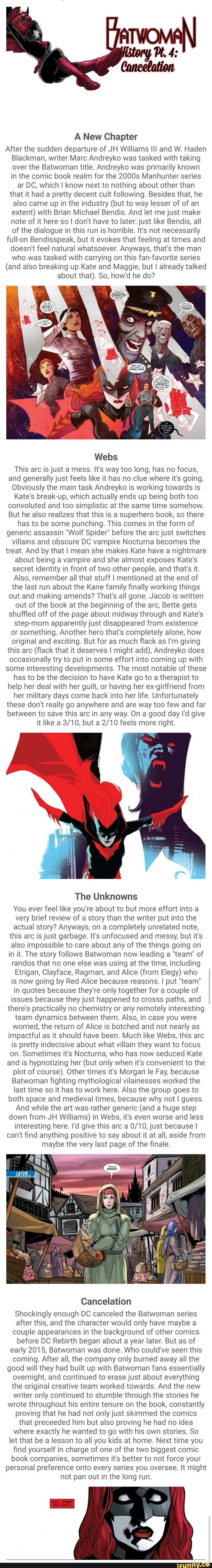 A New Chapter
After the sudden departure of JH Williams III and W. Haden
Blackman, writer Marc Andreyko was tasked with taking
over the Batwoman title. Andreyko was primarily known
in the comic book realm for the 2000s Manhunter series
ar DC, which I know next to nothing about other than
that it had a pretty decent cult following. Besides that, he
also came up in the industry (but to way lesser of of an
extent) with Brian Michael Bendis. And let me just make
note of it here so I don't have to later: just like Bendis, all
of the dialogue in this run is horrible. It's not necessarily
full-on Bendisspeak, but it evokes that feeling at times and
doesn't feel natural whatsoever. Anyways, that's the man
who was tasked with carrying on this fan-favorite series
(and also breaking up Kate and Maggie, but I already talked