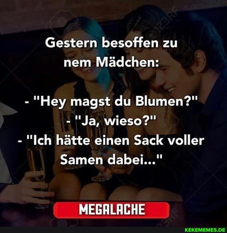 Gestern besoffen zu nem Mädchen:
- "Hey magst du Blumen?"
- "Ja, wieso?"
- "Ich hätte einen Sack voller
Samen dabei..."
MEGALACHE