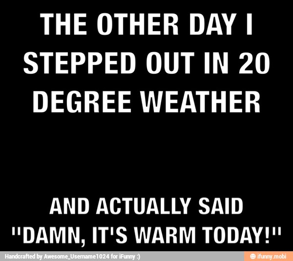 THE OTHER DAY I
STEPPED OUT IN 20
DEGREE WEATHER
AND ACTUALLY SAID