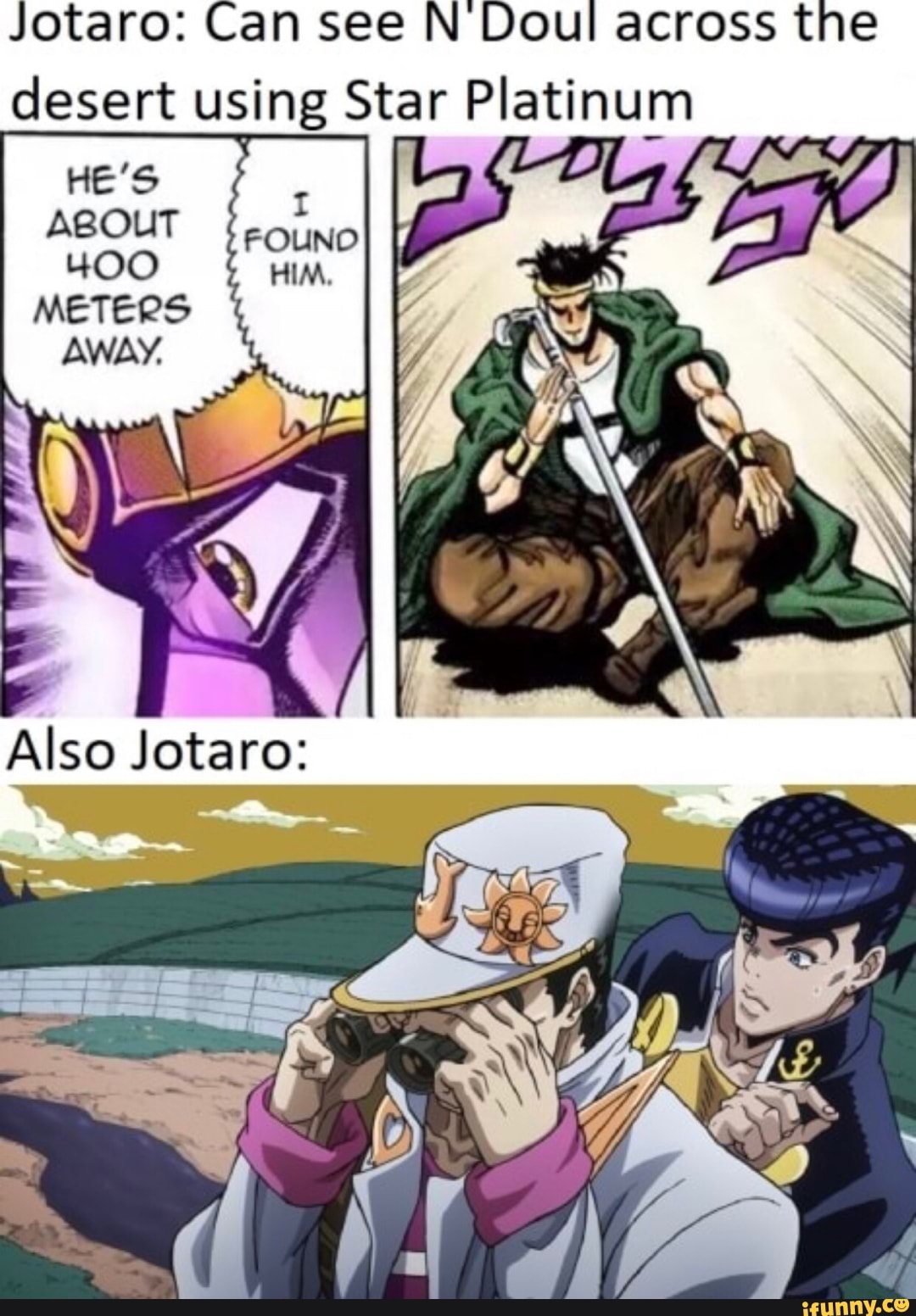 Jotaro Can see N'Doul across the desert using Star Platinum HE '5
